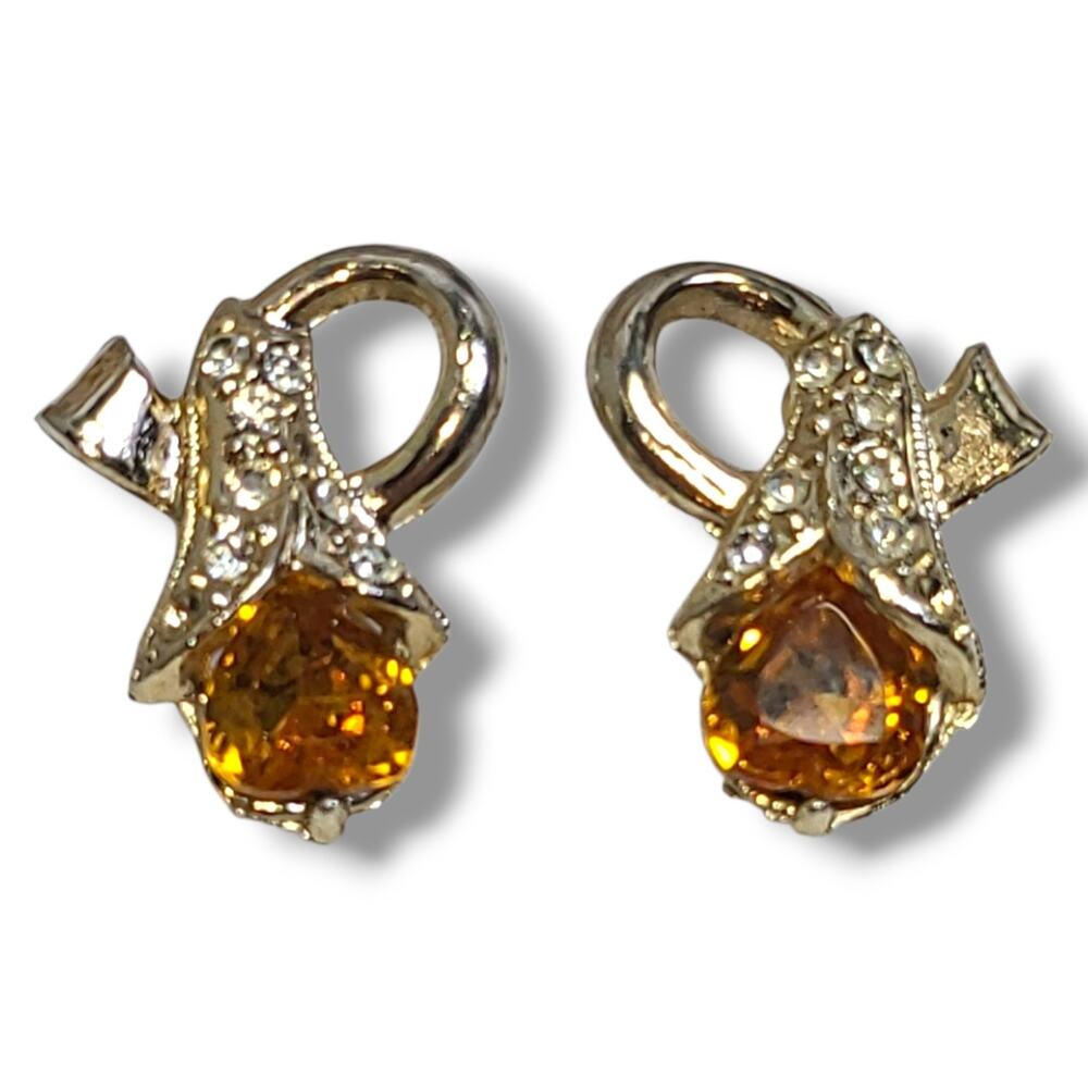 Vintage Amber Topaz Rhinestone Flower Bud Screw Back Earrings‎ Gold Tone